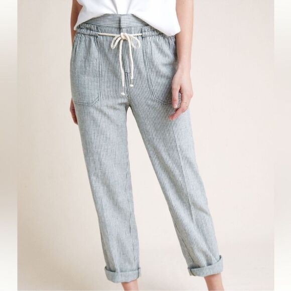 ANTHROPOLOGIE Seashore Linen Pants Green White Stripe Women’s Size Small - Picture 2 of 9